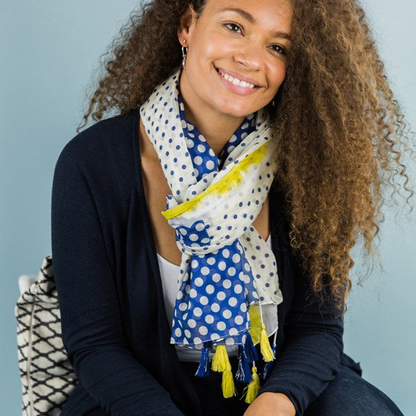 WHITE YELLOW & NAVY SPOT TASSEL SCARF