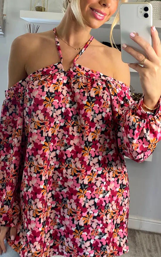 RED FLORAL HALTER NECK BLOUSE