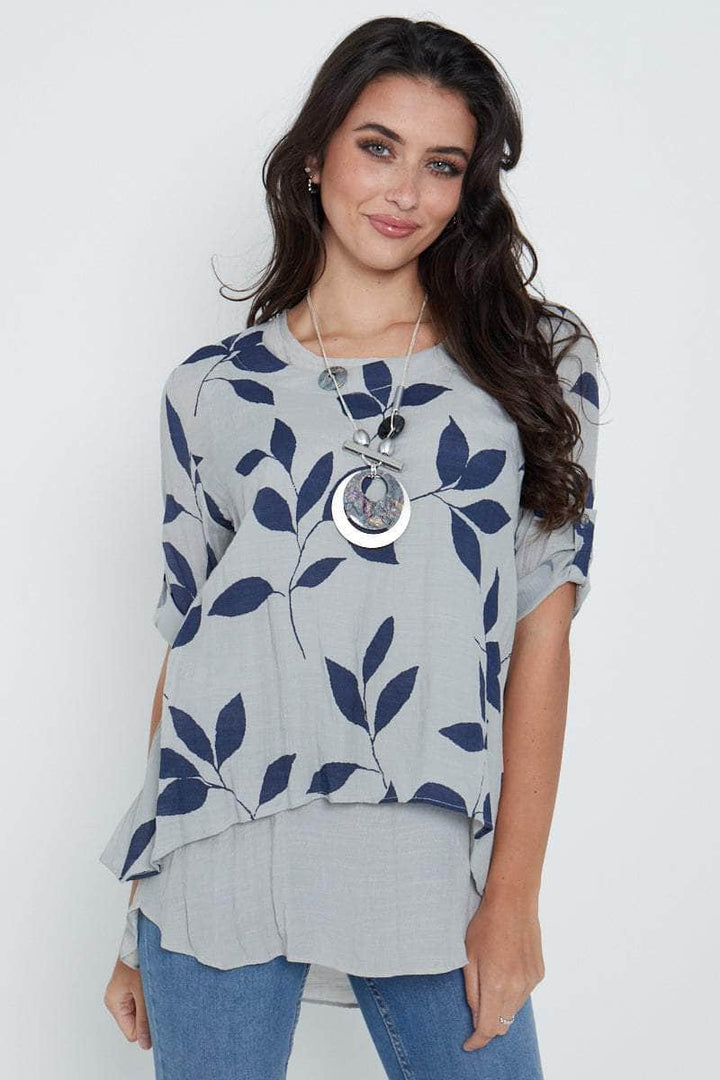 FLORAL GREY LEAF PATTERN DOUBLE LAYER TOP