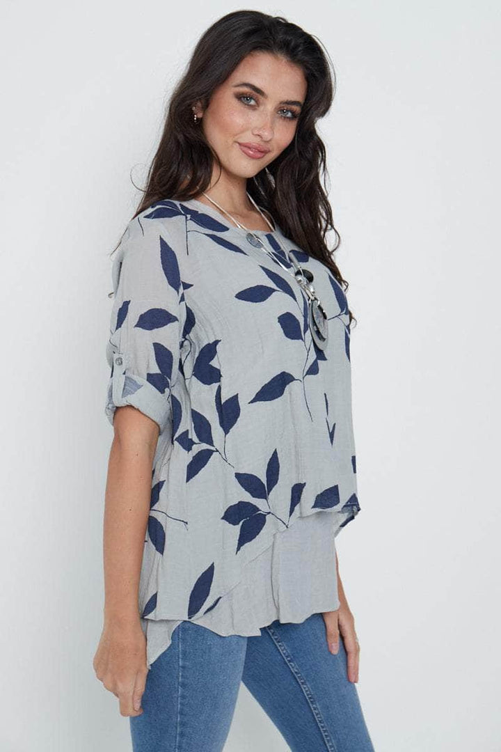 FLORAL GREY LEAF PATTERN DOUBLE LAYER TOP