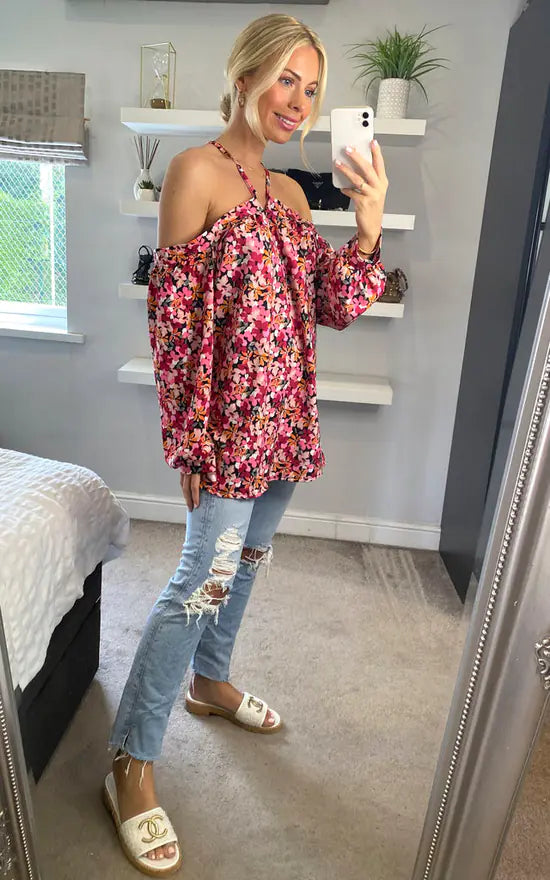 RED FLORAL HALTER NECK BLOUSE