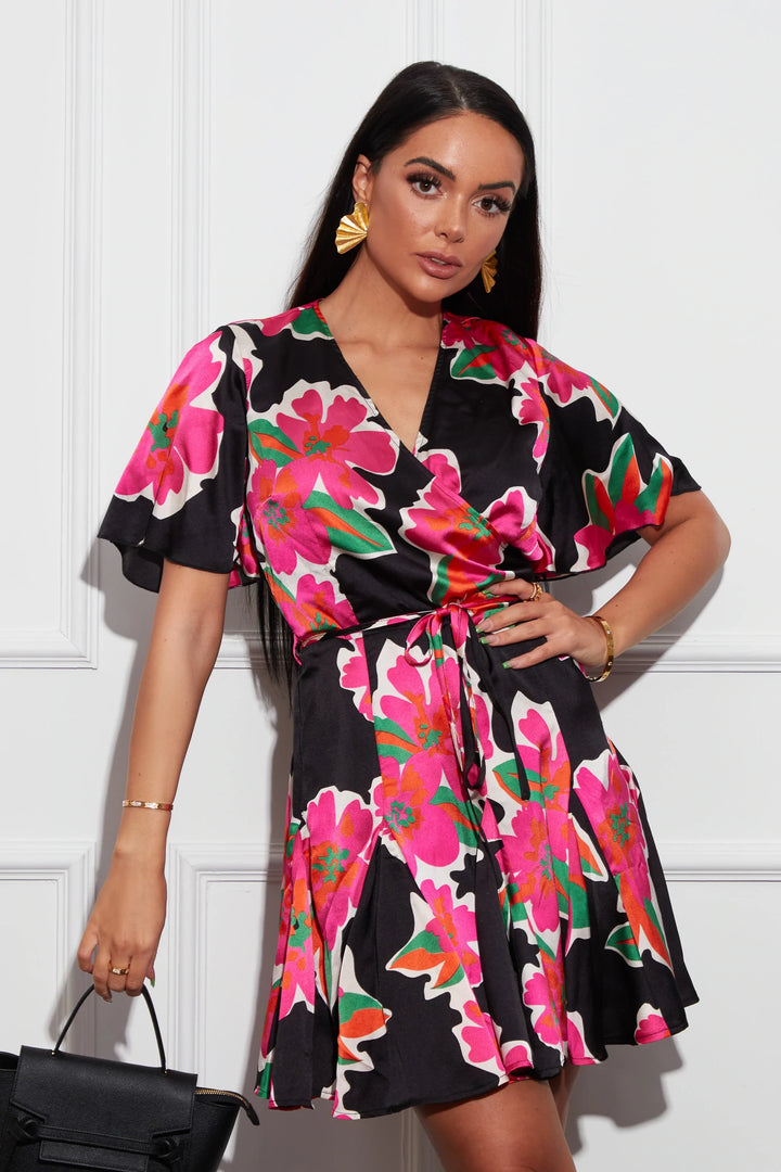 PIPPA BLACK & PINK LARGE FLORAL WRAP SKATER DRESS