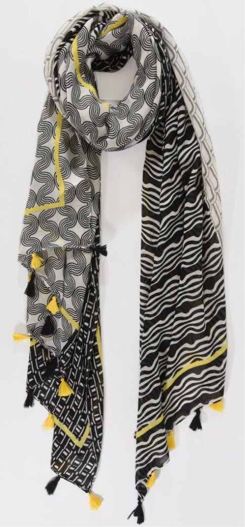 BLACK & YELLOW TASSELLED CONTRAST STRIPE SCARF