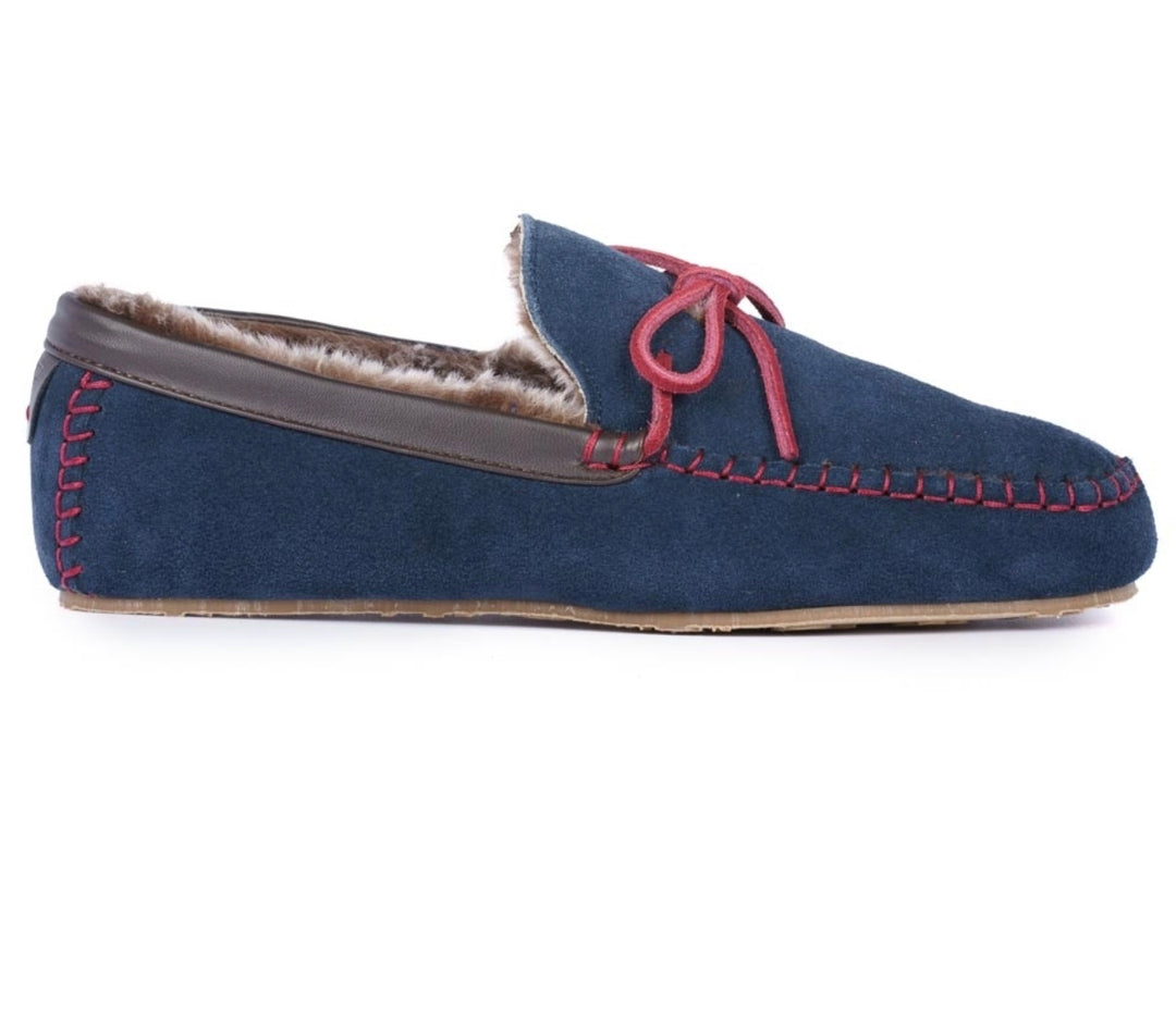 MENS NAVY & RED BENSON SUEDE MOCCASIN SLIPPER