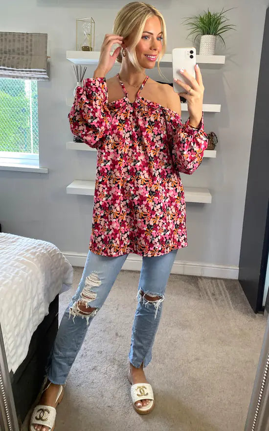 RED FLORAL HALTER NECK BLOUSE