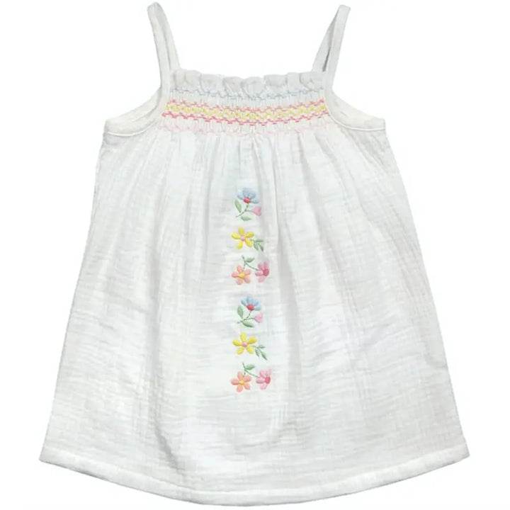 MUSLIN EMBROIDERED OFF WHITE SHIRRED DRESS