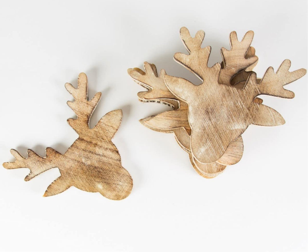 WOODEN STAG HEAD COASTERS SET OF SIX