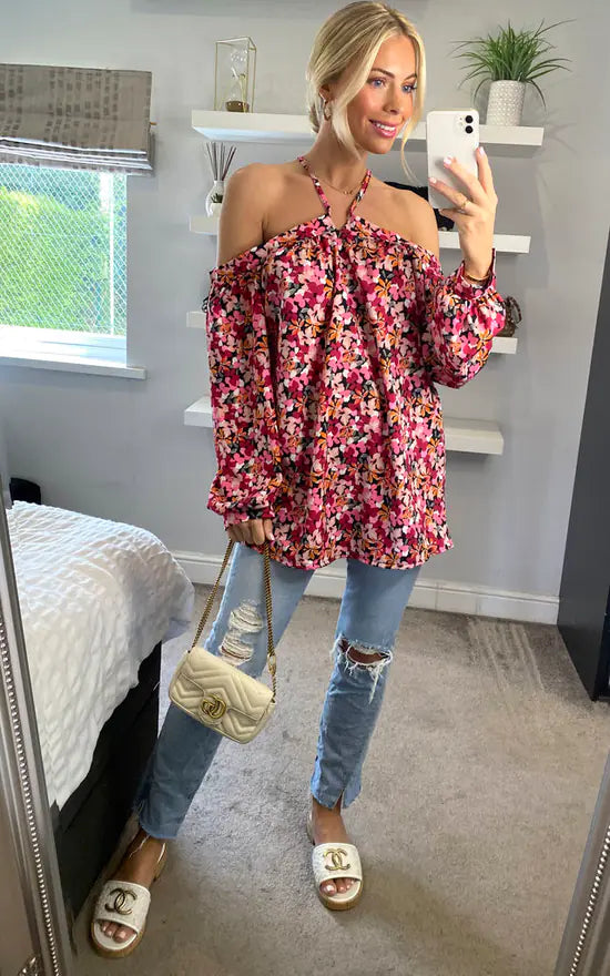 RED FLORAL HALTER NECK BLOUSE
