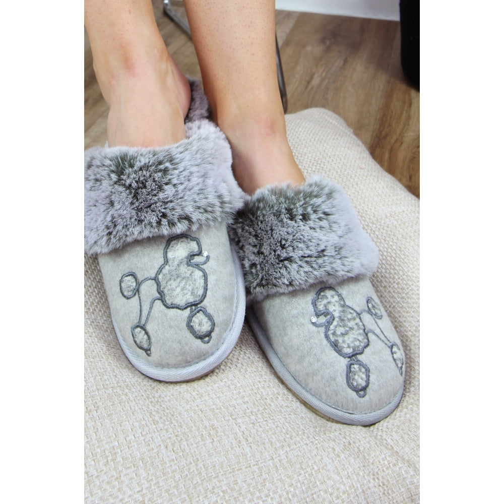 SILVER COCO POODLE MULE SLIPPERS