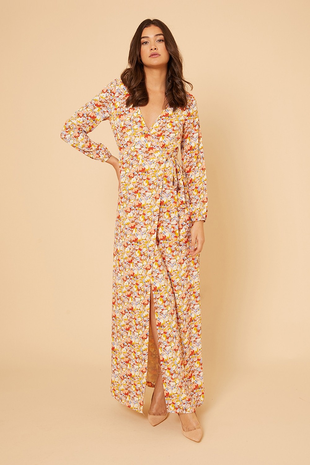 PRINTED WRAP MAXI DRESS